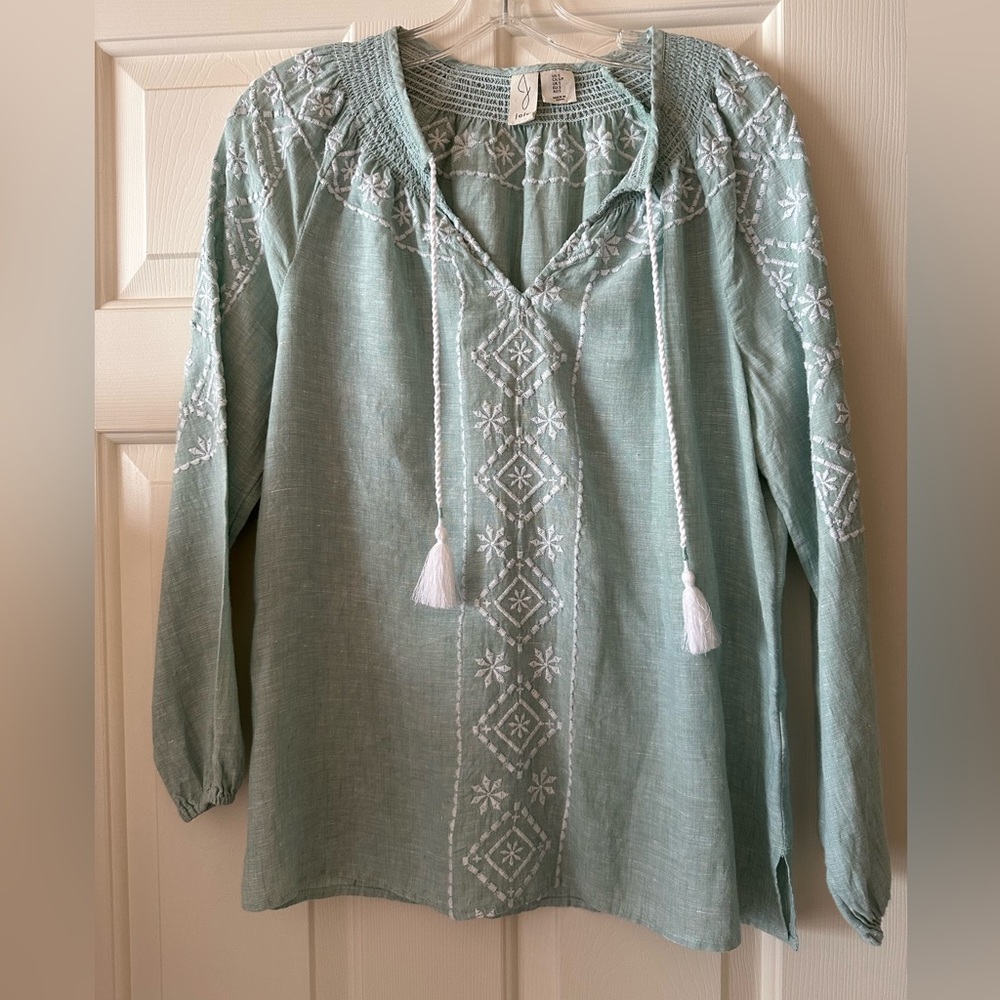 JOIE Embroidered 100% Linen Tunic Long Sleeve Top Blouse Teal Small